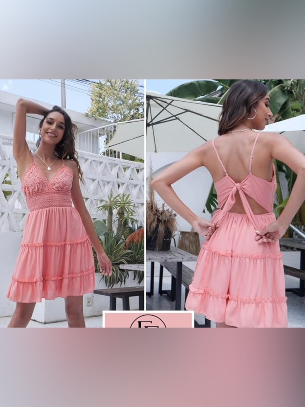 EcoWish Peach Pink Lace Backless Mini Dress Bow Tie Coquette Skater Small